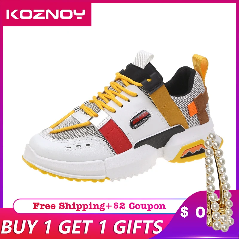 

Koznoy Sneakers Women Spring Autumn Thick Bottom Dropshipping Breathable Muffin Bottom Lace Round Toe Mesh Leisure Women Shoes