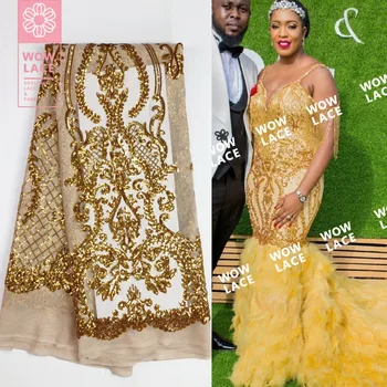 

Classical Gold Sequined Embroidered Mesh Tulle Lace Fabric African Indian Bride And Bridesmaid Design Material Sequins Fabrics