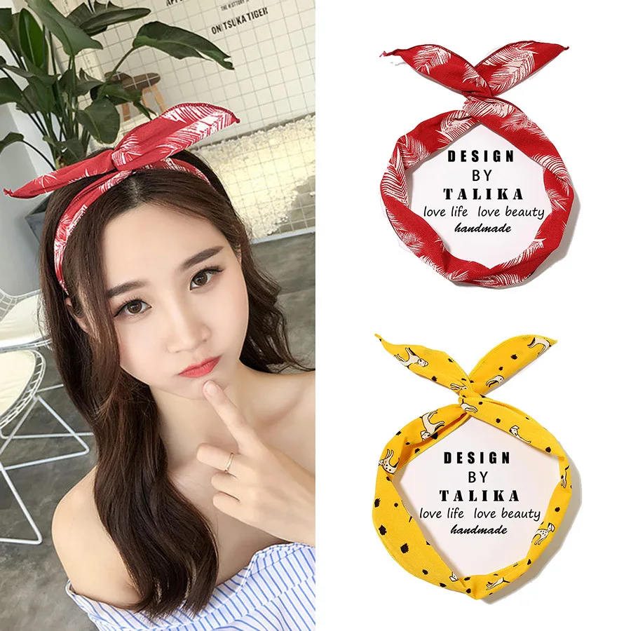 

1Pc Cute Print Flower Dots lip print flower Bunny Rabbit Ear Ribbon Headwear Hairband Metal Wire Scarf Headband Hair Band Access