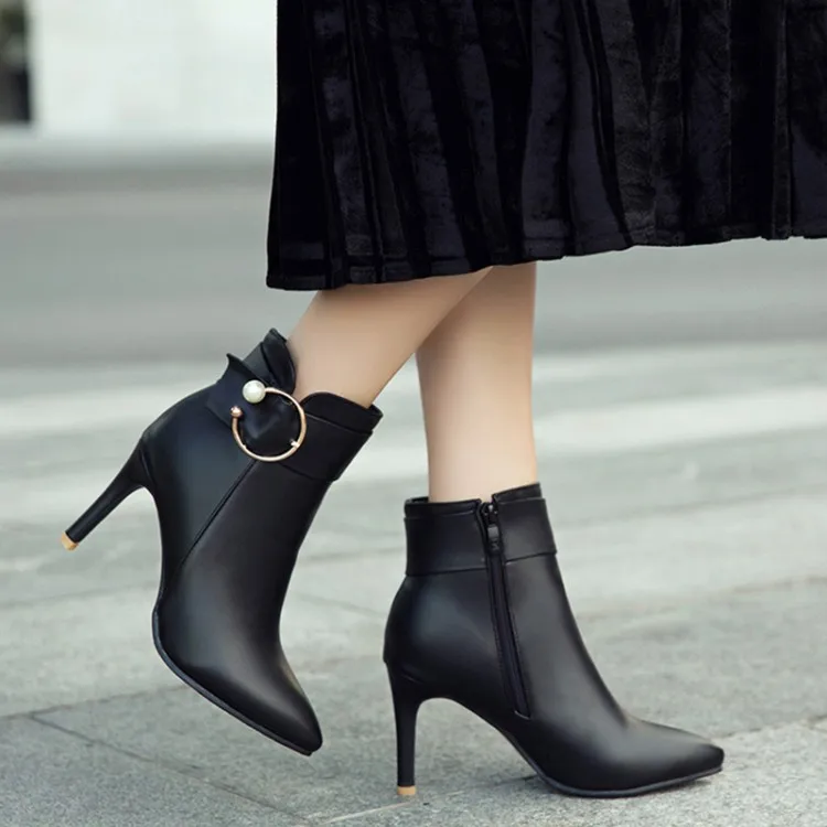 

Big Size 9 10 11 12 13 14 15 16 17 Tip-tipped solid-colored slim-heeled metal zipper boots