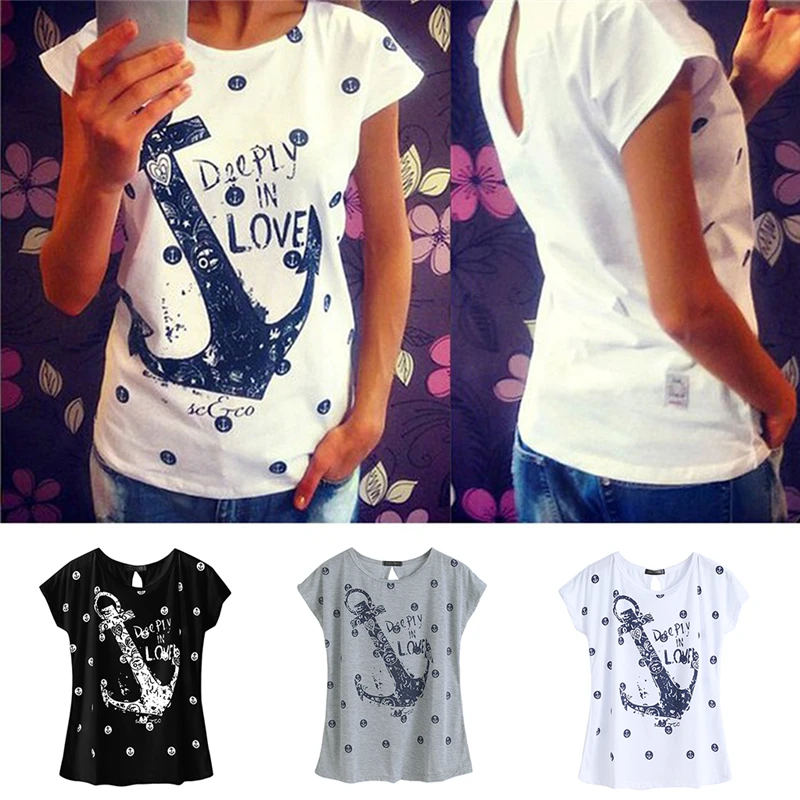 

Summer Casual Loose Women Tops Tee Short Sleeve Letter Print Boat Anchor T-shirt Fashion New