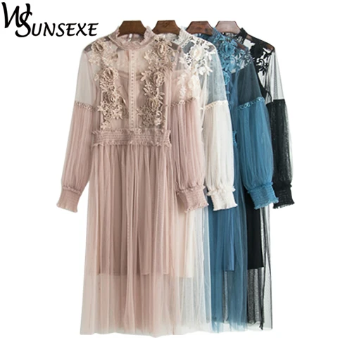 

Floral Embroidery Dresses 2018 Women Vintage Puff Sleeve Two Pieces Mesh Dress Female Spring New Casual Party Lace Pleated Dress