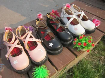 

New Japanese Lolita Round Toe Love Hollowed-out Cute Sweet Princess Girls Shoes Cosplay Shoes White + Black+ Pink A