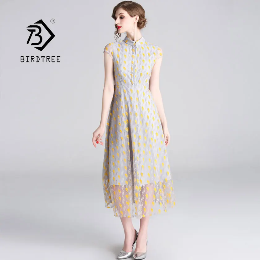 

2019 New Summer Women's Embroidery Geometric Patchwork Lace Dress Stand Button High Waist Vestido Lady Vintage Hot Sales D94806Z