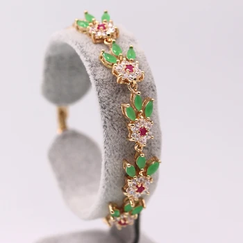 

GZJY Fashion Champagne Gold Color Flowers Red&Green AAA Zircon Chain Bracelet Bangle For Women Charm Femme Jewelry Birthday Gift