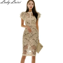 Летний стиль женское Сексуальное Кружевное облегающее платье карандаш модное повседневное кружевное платье с вырезом-стойкой