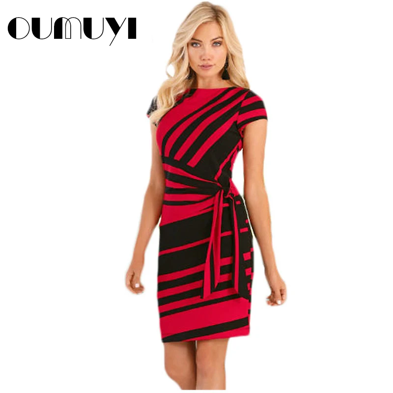 OUMUYI Work Dresses Women Autumn Pencil Red/Black/Blue Stripe Knot Sheath Party Dress Slim Fitted Bodycon Vestidos Robes Casual | Женская
