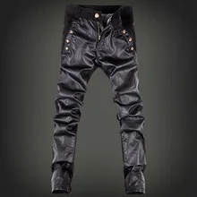 Rrock кожаные штаны для мужчин с джинсовой черный пэчворк Плюс Размер 30 31 32 33 34 36 обтягивающие брюки