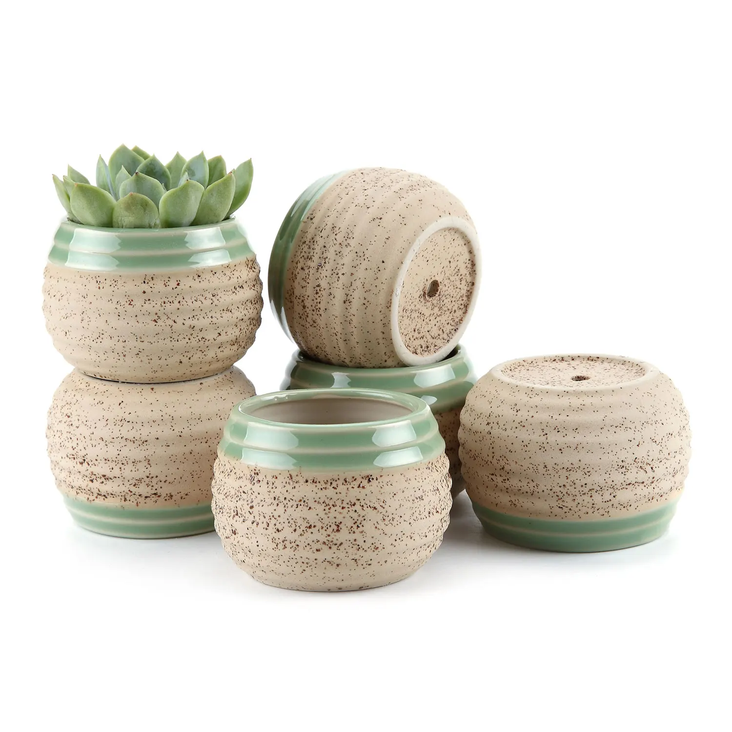 

T4U 3 Inch Clay Glazed Stripe Oblate succulent Cactus Plant Pot Flower Pot/Container/Planter Beige Package 1 Pack of 6