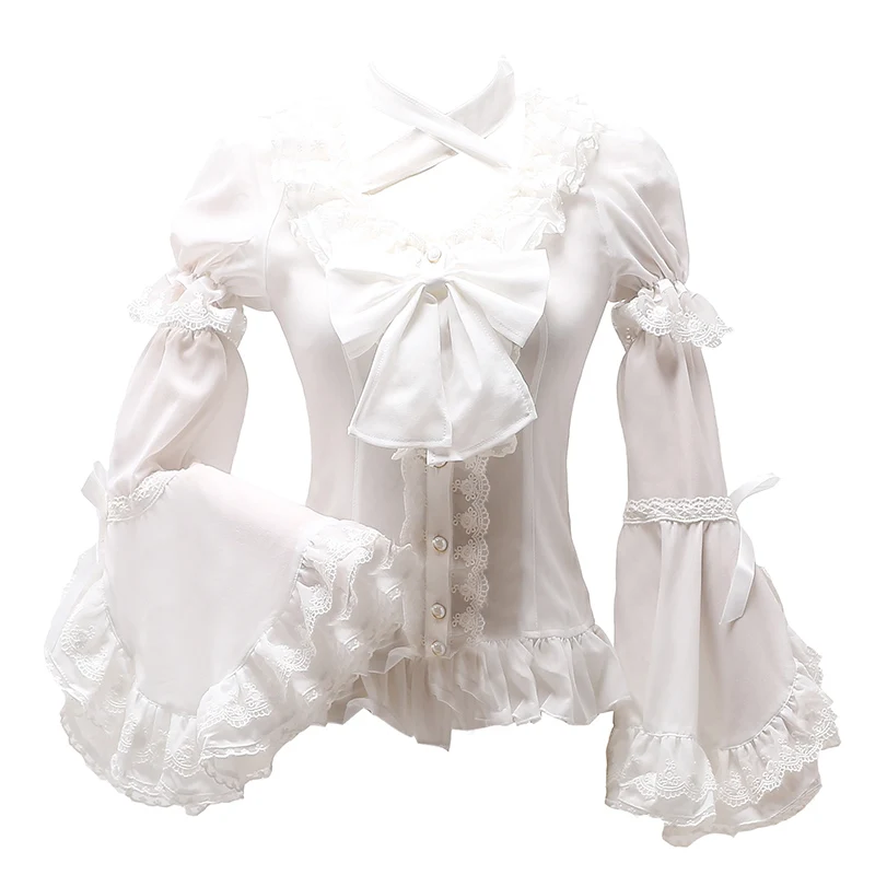 

White Lace Lolita Vintage Blouse Halter Collar With Big Bow Long Flare Sleeve Gothic Shirt For Women 2019 Blusas Femininas