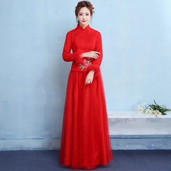 

Traditional Red Women Lace Mesh Full Length Qipao Elegant Embroidery Flower Marriage Suit Chinees Vintage Cheongsam Vestidos