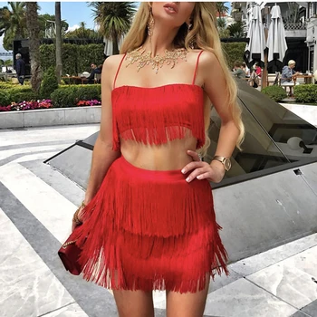 NewAsia Garden Two Piece Set Summer Fringed 2 Piece Set Women Tassel Crop Top And Skirt Set Sexy Outfits For Women Matching Sets halter printed fringed crop top for women
