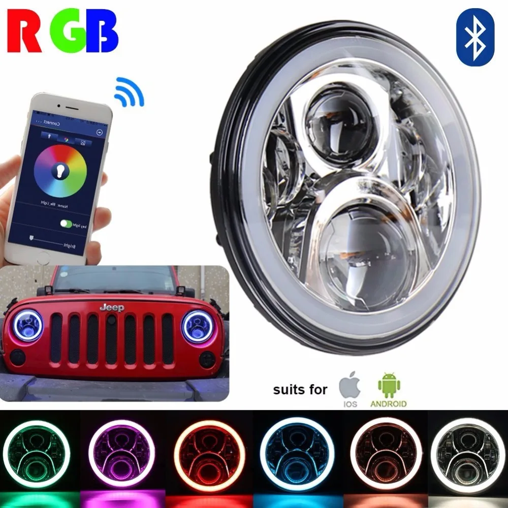 7 inch Round Chrome DRL RGB Halo Ring Hi/Lo Beam Headlights Kit