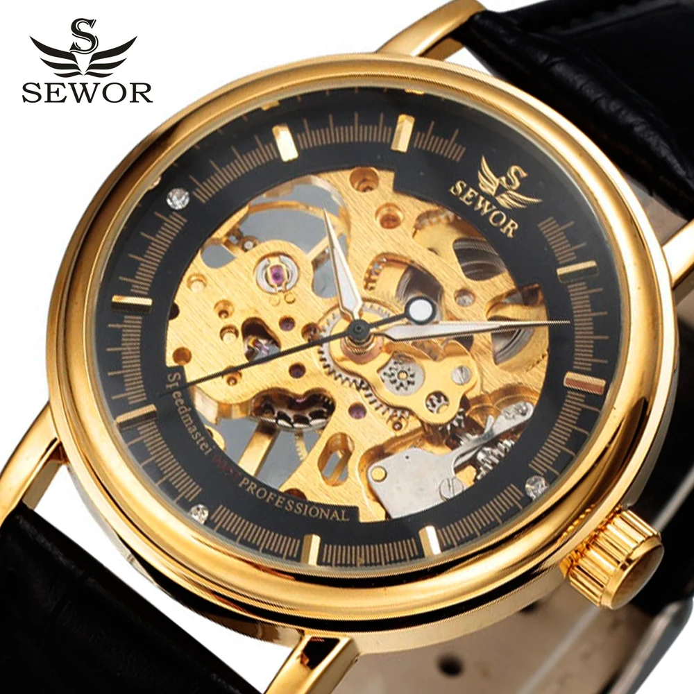

Men Watch Luxury SEWOR Brand Wristwatch Retro Leather Strap Skeleton Watches Relogio Masculino Gold Mechanical Skeleton Watch