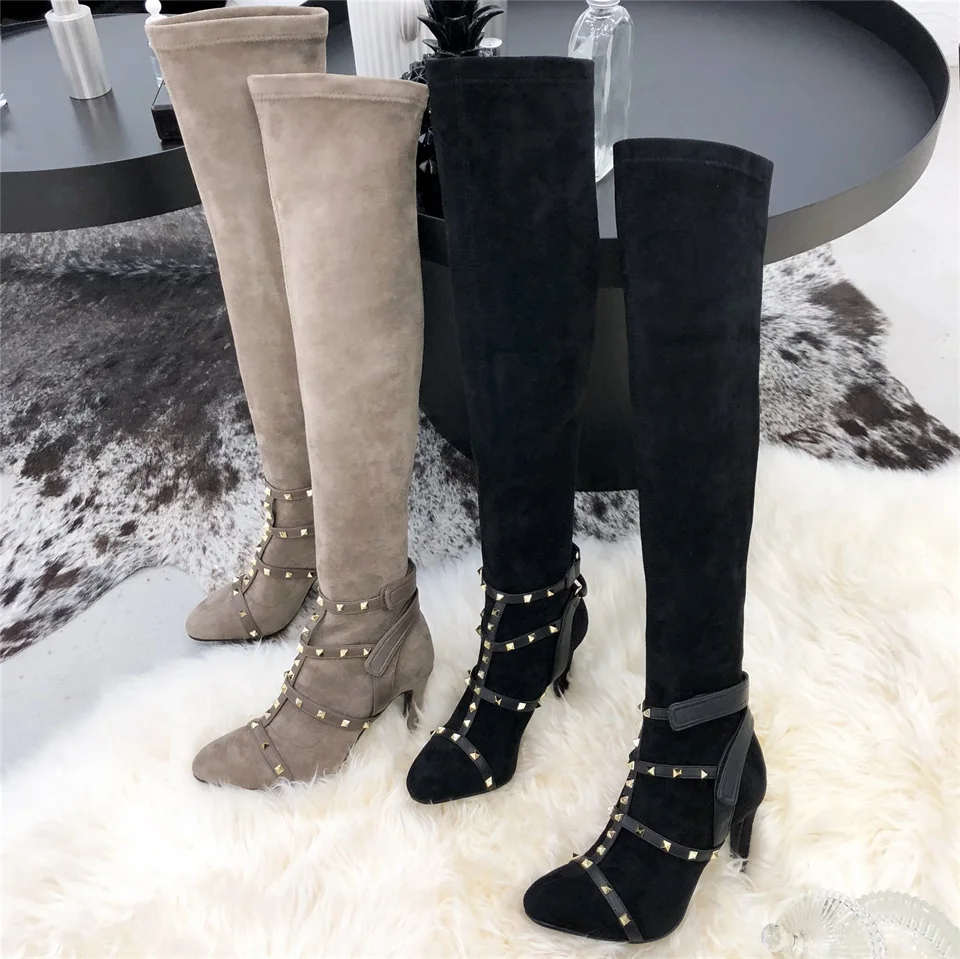 

Autumn Wenter Women Thigh High Boots Over The Knee Female High Quality Shoes Rivets High Heels Black Khaki Long Bota Feminina