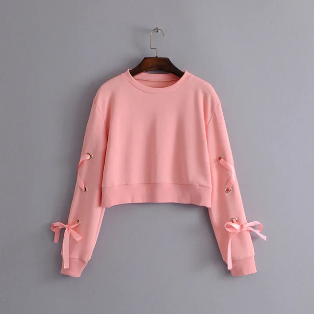 eyelet lace up sleeve crop sweatshirt