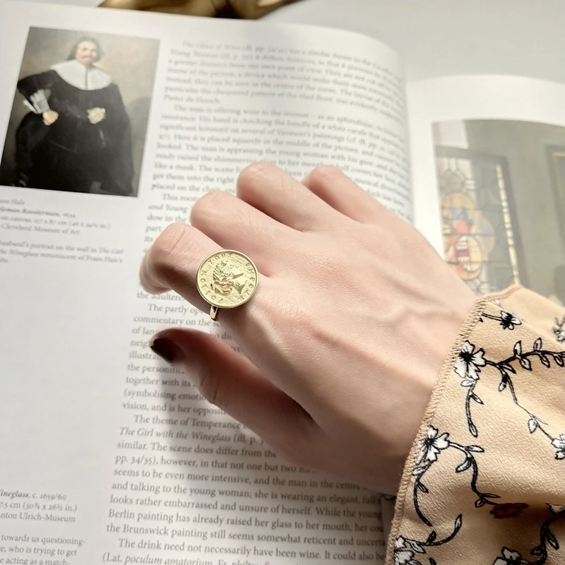 

925 Sterling Silver Figure Coin Rings 18K Gold Girl Figure Emboss Adjustable Rings for Women Wedding Anniversary Party Jewelry