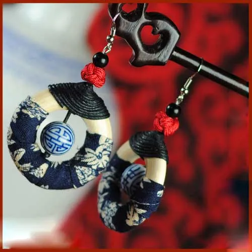 

star handmade vintage Chinese wind fabric blue and white porcelain dangle earrings ,New Ethnic jewelry natioanl earrings,
