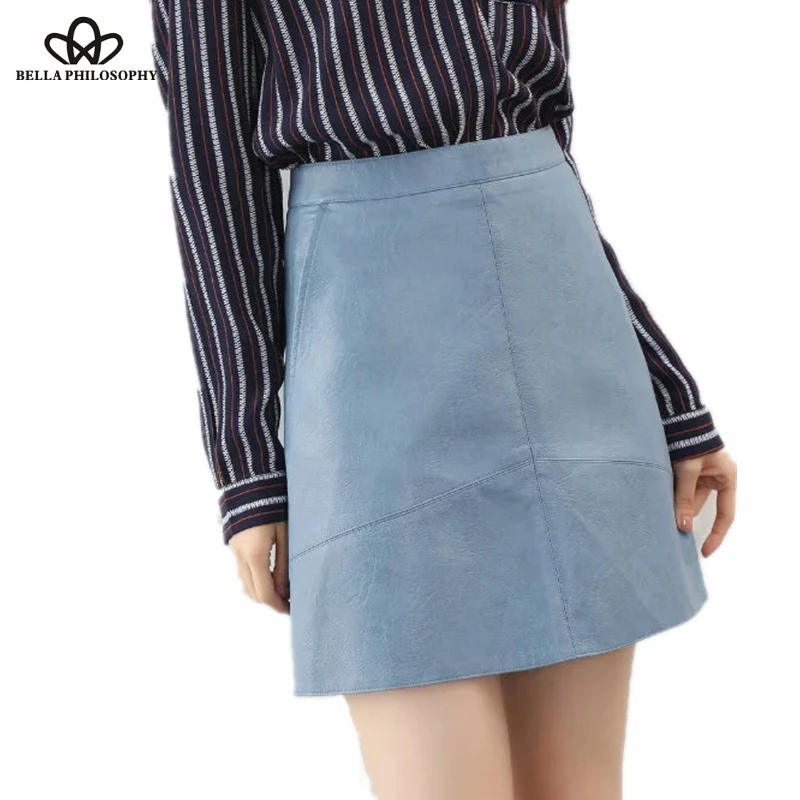 

Bella Philosophy 2019 winter high waist Skrit PU faux leather women skirt pink yellow black green blue zipper mini skirt women