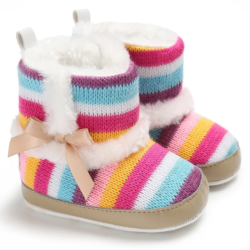 New Winter Baby boots Rainbow striped Baby moccasins Cotton bottom
Anti-slip Super warm Infant Girls boots shoes 0-18 Months