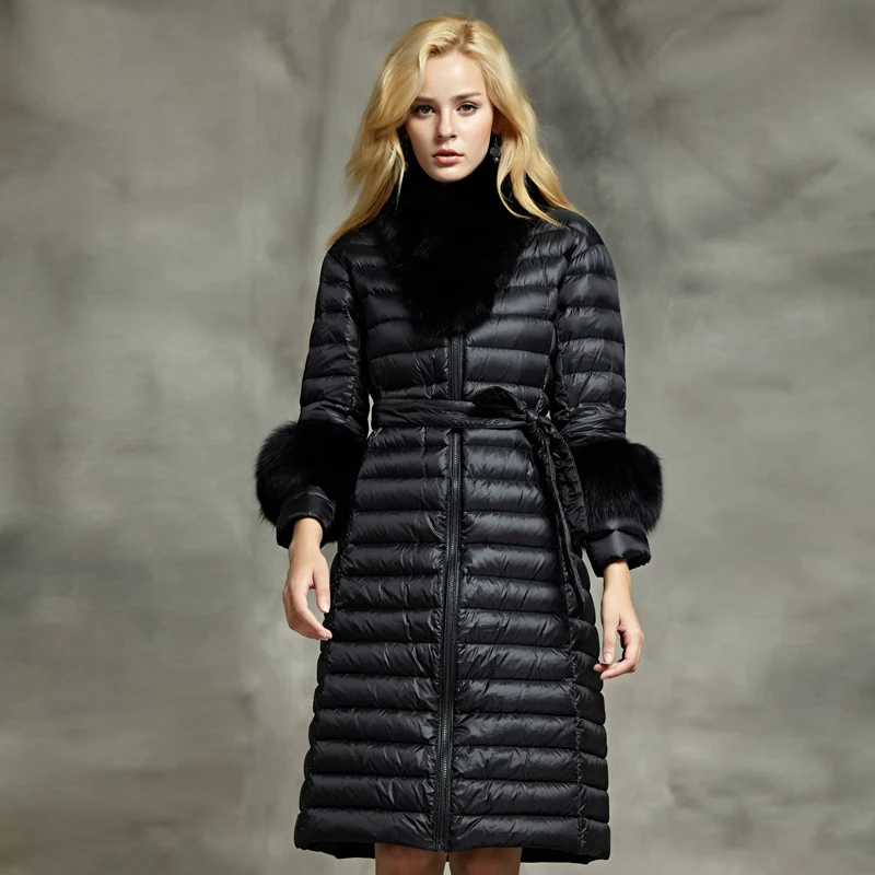 

YNZZU Luxury New Winter Women's Down Jacket Elegant Solid Long White Goose Down Coat with Real Fox Fur Collar Warm Outwear AO701