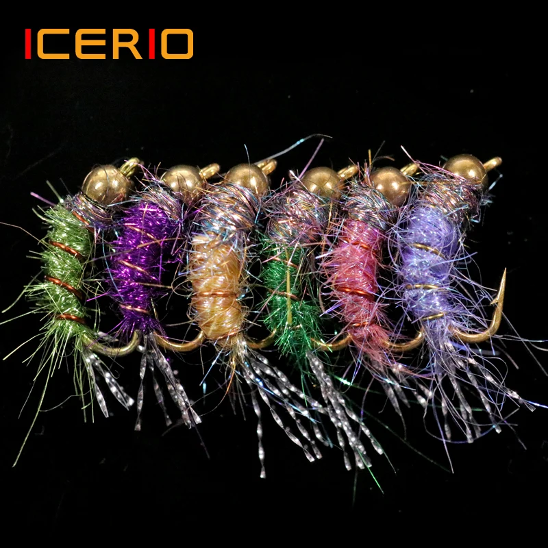 

ICERIO 6PCS Brass Bead Head Rainbow Nymph Caddis Trout Fishing Fly Lures #12