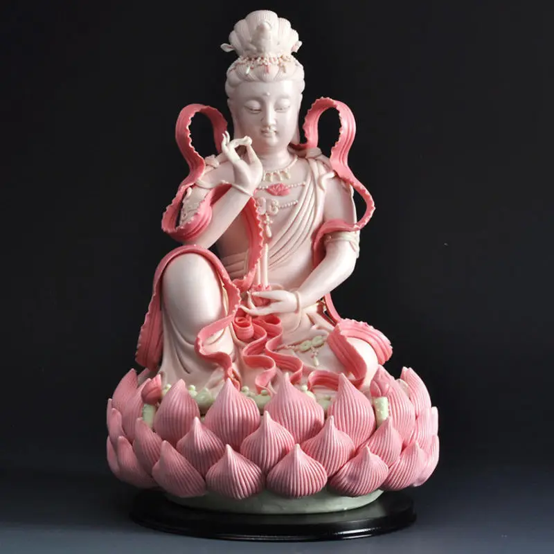 

12" Chinese Dehua Colored Porcelain Lianhua Kwan-yin Guanyin Buddha Lotus Statue