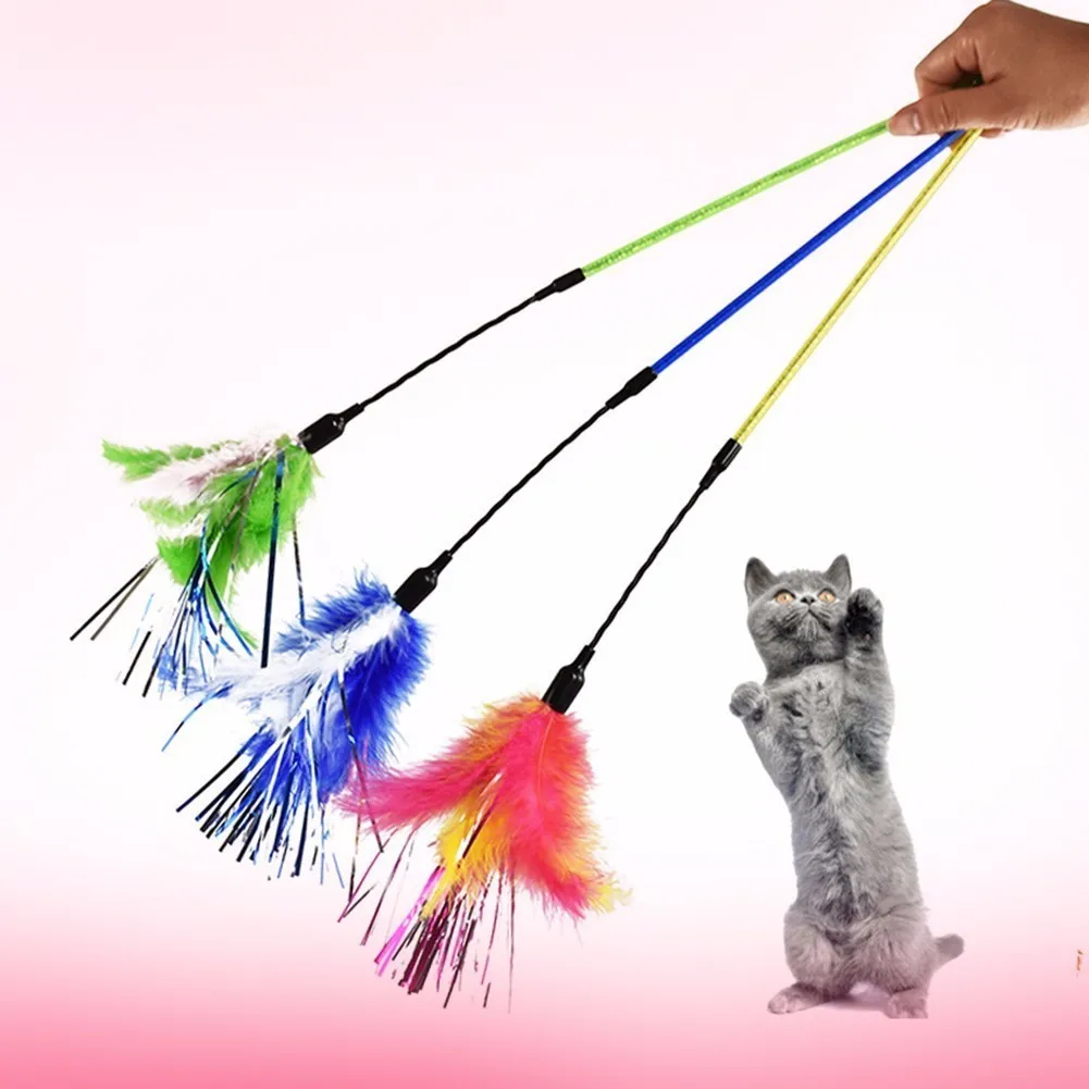 2018 1pcs Pet cat toy Cute Design colored ribbon+feathers Teaser Wand