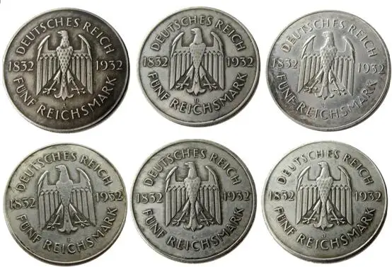 

Germany 1932(A,D,E,F,G,J) 6pcs 5 Reichsmark Goethe Copy Coins Silver Plated