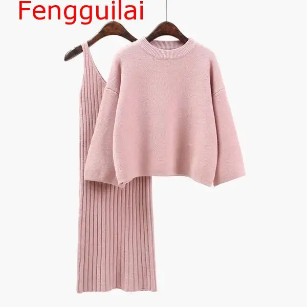 

Two-Pieces Suits 2019 Autumn Winter Womens Sweater + Strap Dress Sets Solid Color Female Casual Loose Sweater Knit Mini Dress