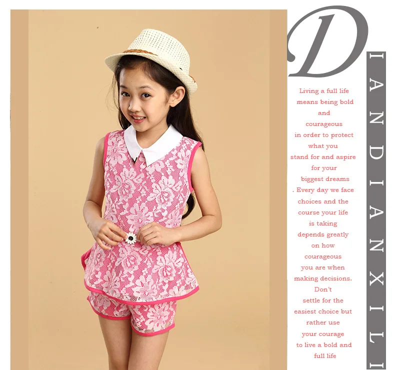 4-13Y Fashion Girls Clothes Set 2018 Summer Lace Flower Kids Outfit Girl Sleeveless Top Shorts Belt 3Pcs Suits Children Clothing (12)