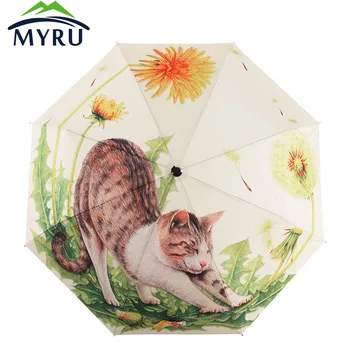 

98 CM * 8 ribs 3D Printing Fat Lazy Cat Umbrella Portable Sunny Rainy 3 Folding Umbrellas for Women