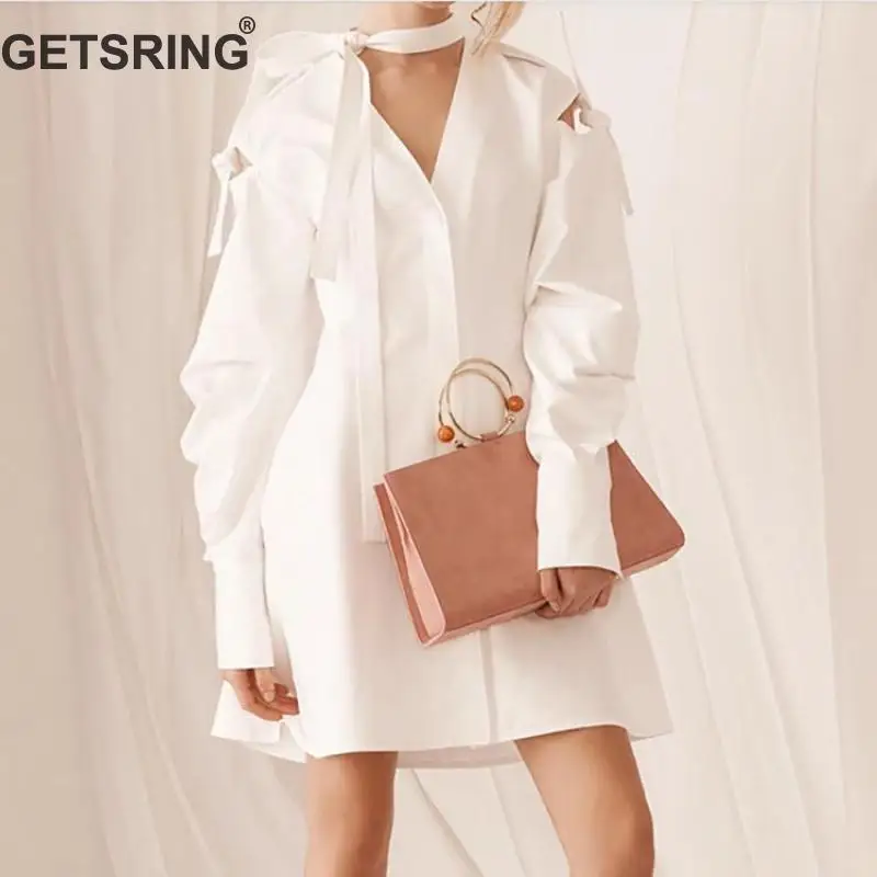 

GETSRING Women Dress White Cotton V Neck Long Sleeve Shirt Dress Retro All Match Ladies Dress Bandage Irregular Dresses