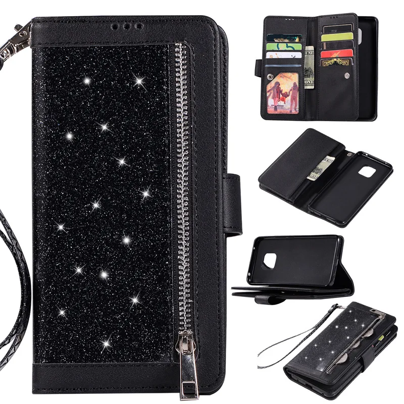 

Flash Zipper Bag Multi-function Mobile Phone Case For Huawei Mate 20 Pro With Card Pocket Wallet Phone Case For Huawei P30