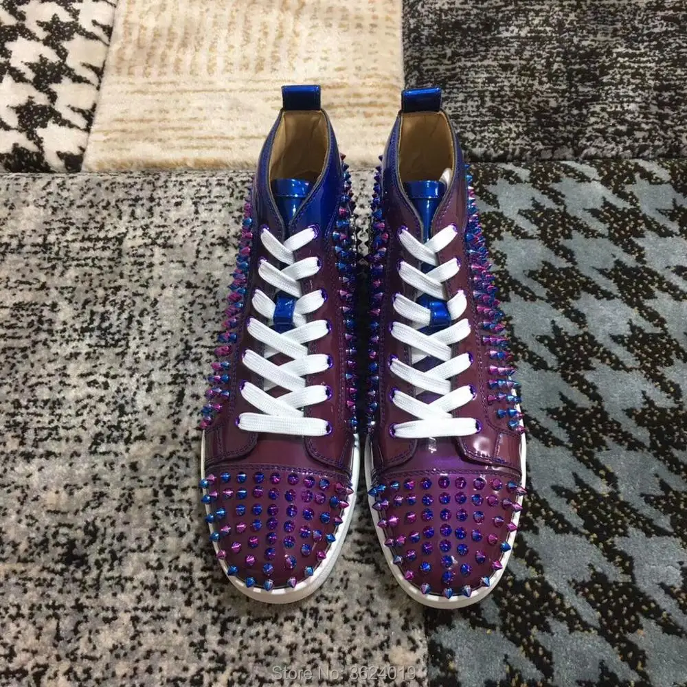 

Luxury cl andgz purple color Lace up Rivets High quality Red bottoms Leather high cut shoes for men loafer Sneakers casual 2018
