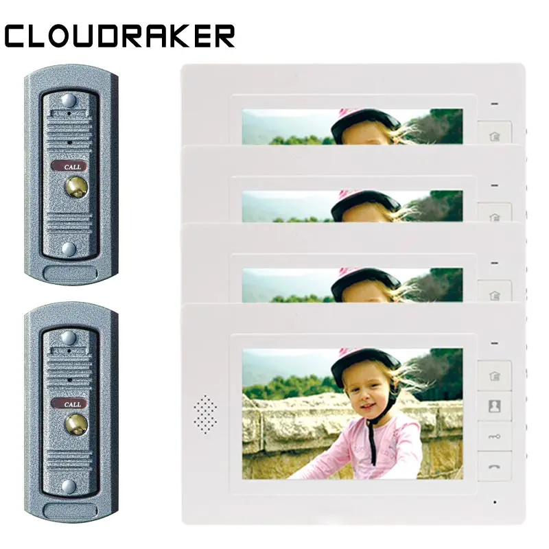 

CLOUDRAKER 7 Inch Video Doorbell Intercom System 4x Monitor with 2x Pi Wired Door Phone Camera