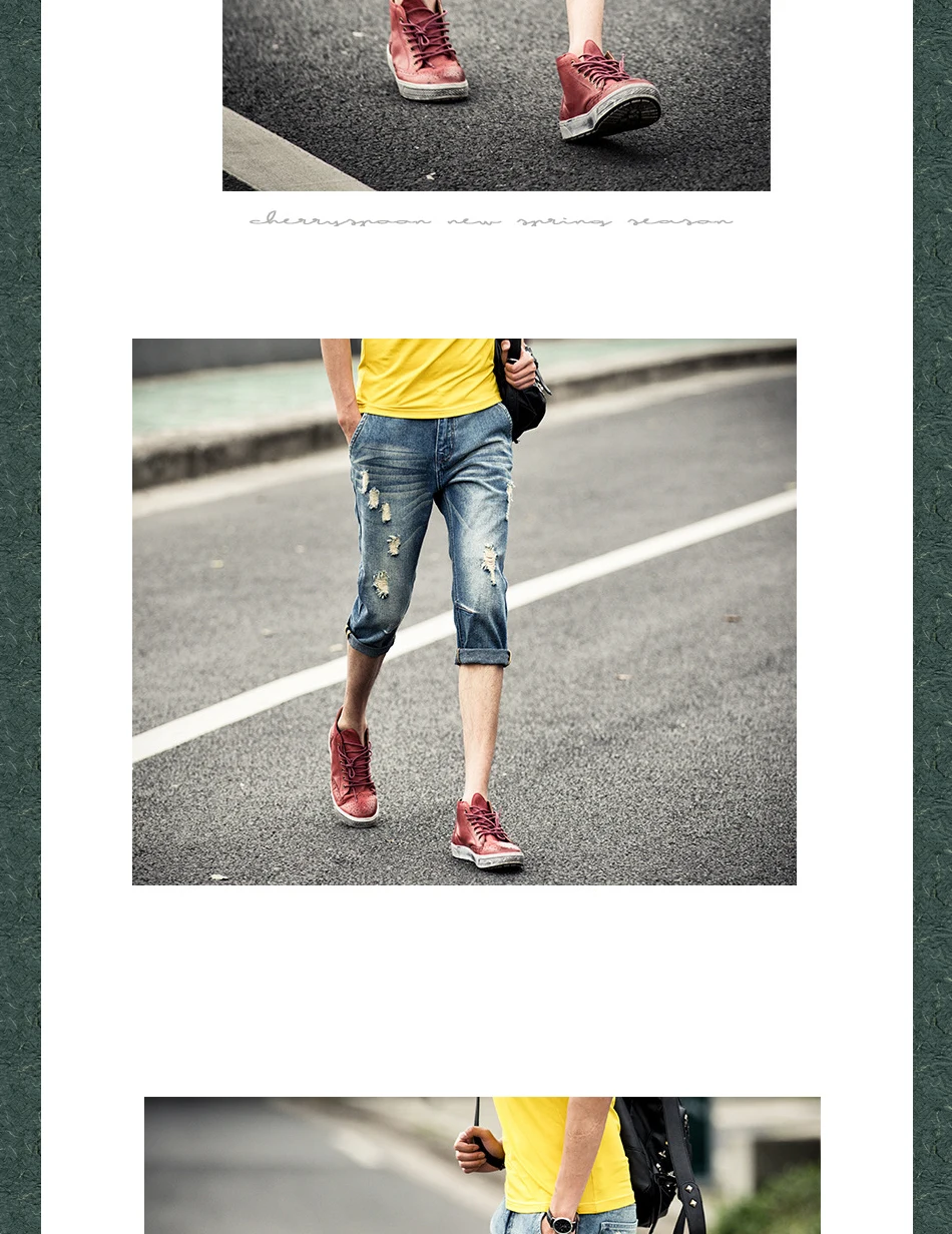 Мода летние мужские джинсовые подростковые рваные джинсы брюки для ног винтажные хип-хоп ковбойские узкие брюки с отворотами джинсовые Капри
