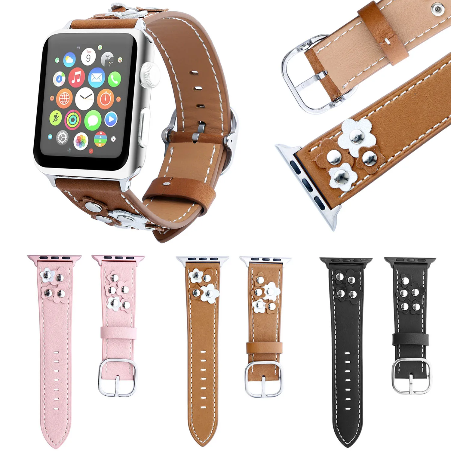 

Pink Brown Black Rivet Flower Strap for Apple Watch Genuine Leather Band 38mm 42mm Series 1/2 Bracelet for iWatch Wristband
