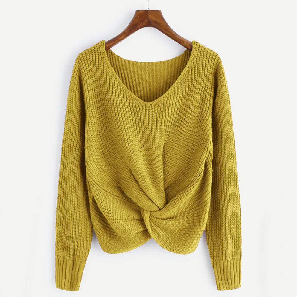 Pull femme hiver свитера с длинным рукавом сплошной цвет v-образный вырез сексуальный крест завязанный панель свитер для женщин размера плюс roupa feminina - Цвет: Цвет: желтый