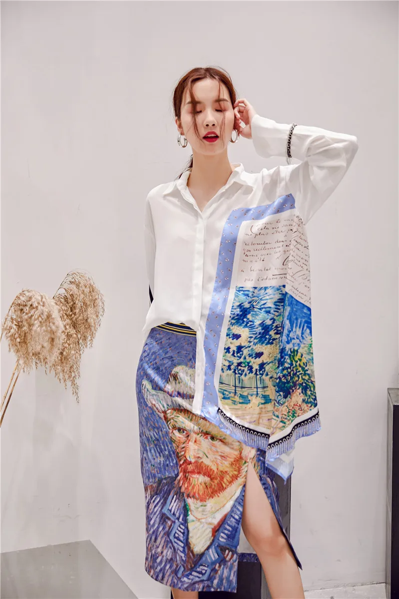 Корейская коллекция весна, элегантные женские рубашки с принтом, несимметричные свободные рубашки, женские весенние Рубашки, повседневные полностью Лоскутные