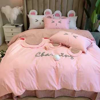 

Pink White Cute Cartoon Rabbit Ears Embroidery Cotton Girl Child Bedding Set Duvet Cover Lattice Bed Sheet Bed Linen Pillowcases