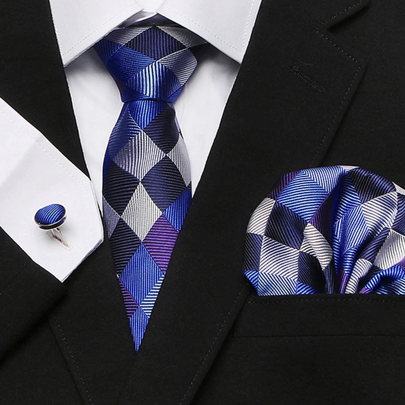  Plaid Paisley Tie Set Silk Jacquard Mens Necktie Gravata Hanky Cufflinks Set Pocket Handkerchief Me