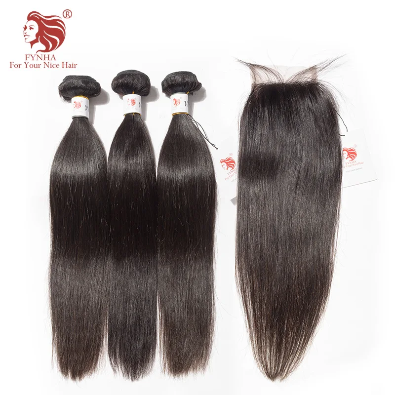 [FYNHA] Indian Virgin Straight Hair Weave 3 Bundles With Lace Closure Human Hair Extensions