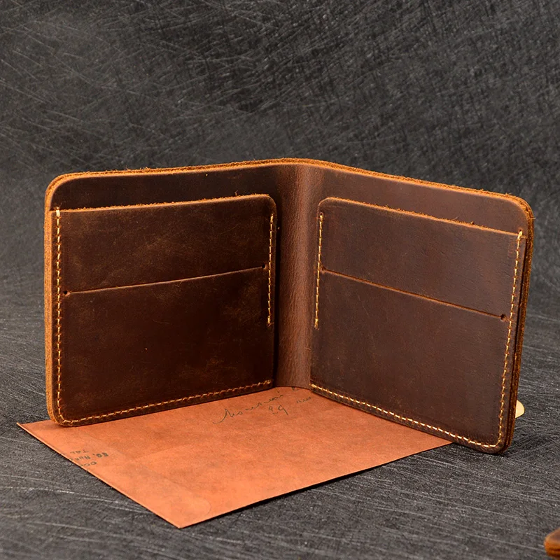 Crazy Horse Leather Men Wallets Retro Handmade Small Purse Top Cow Leather Brand Designer Minimalist Wallet Portomonee 6