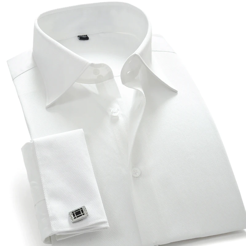 Acheter Hommes Français de Manchette Robe Chemises Solide Sergé Mâle De Noce Tuxedo Shirts avec boutons de Manchette Facile Soins