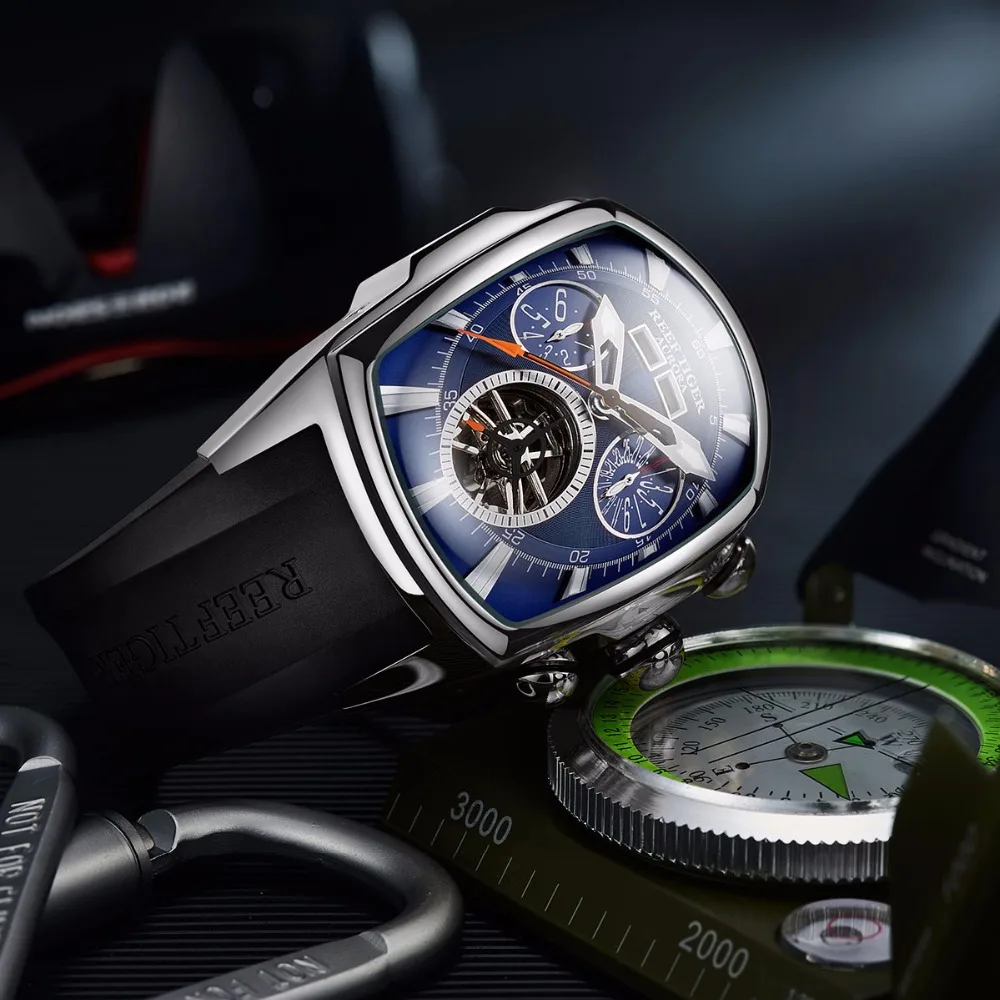  Reef Tiger/RT Designer Sport Watches Tourbillon Blue Dial Analog Display Watches Rubber Strap Lumin