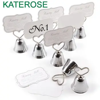 

80PCS Silver Working Bell Table Number Or Menu Card Holders Kissing Bells Wedding Love Heart Table Decor Bridal Shower Favor