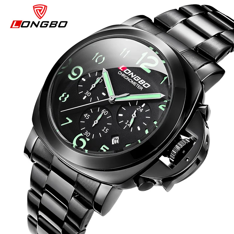 LONGBO Luxury Brand Military Stainless Steel Leather Quartz Watch Men Multifunction Date Calendar Waterproof Wristwatch 80180