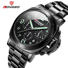 LONGBO Luxury Brand Military Stainless Steel Leather Quartz Watch Men Multifunction Date Calendar Waterproof Wristwatch 80180