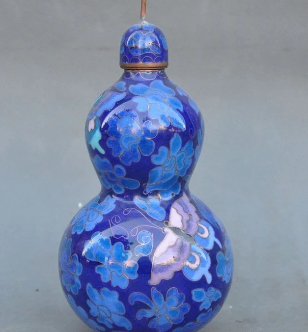 

6"Old Chinese Bronze Cloisonne Butterflies Gourd Cucurbit Bottle Jar Wine vessel